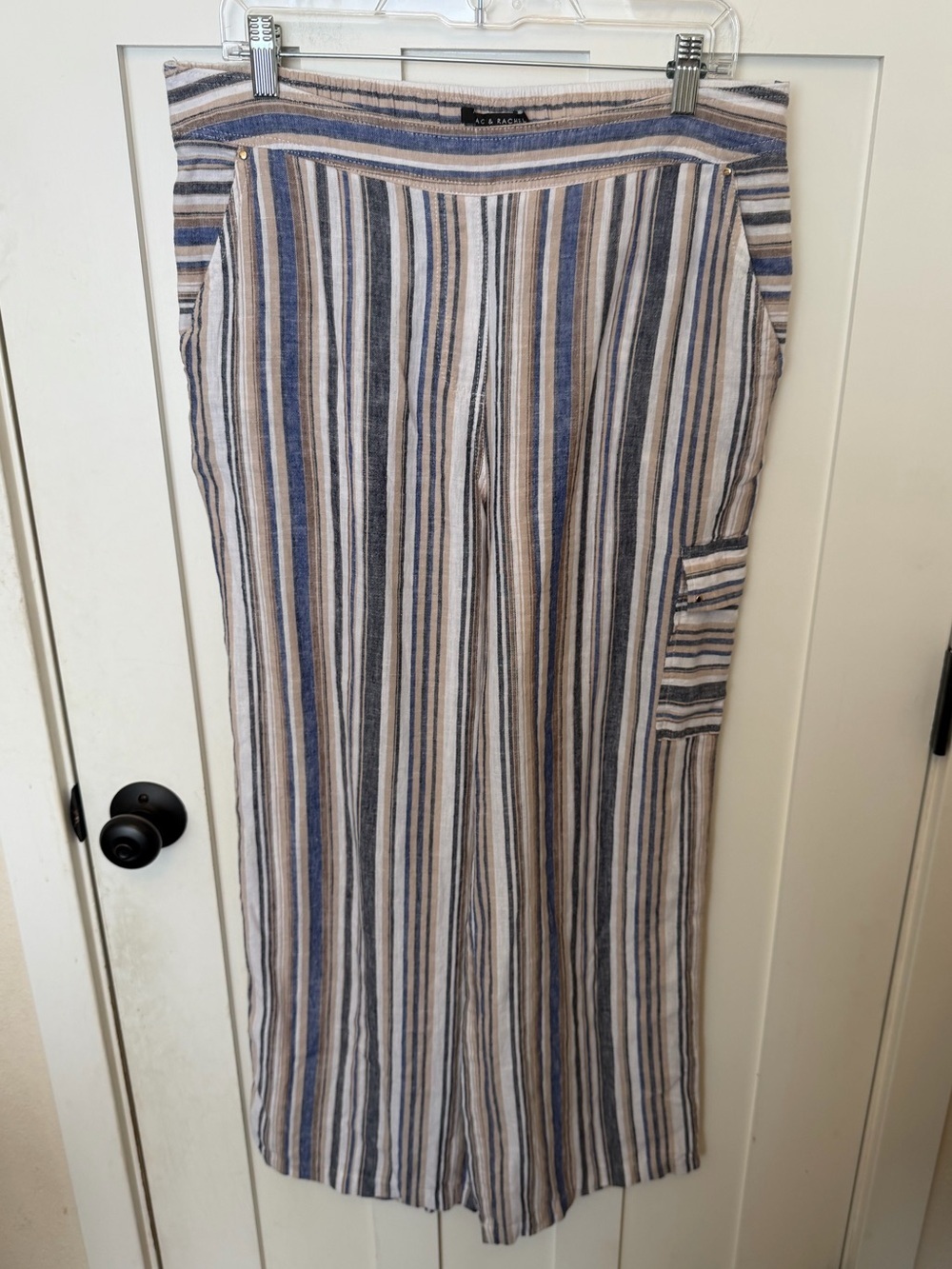 Zac & RACHEL striped wide-leg linen blend pull on pants side large cargo pocket